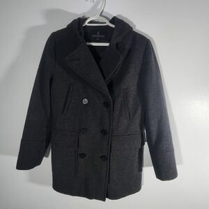 London Fog Women's Gray Double Breasted Trench Hooded Coat Wool